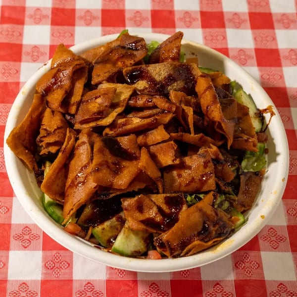 Fattoush salad with crispy pita bread and dark dressing in a white bowl on a red and white checkered tablecloth.